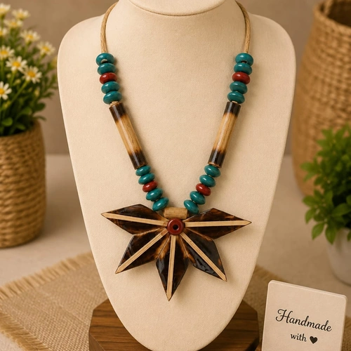 Handcrafted Bamboo Jewelry Necklace Set with Beads and Decorative Pendant image 12
