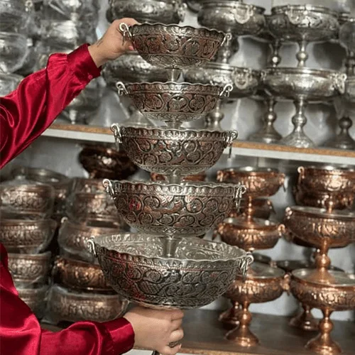 Hand-Engraved Silver-Plated Copper Bowl Set with Ornamental Handles image 2