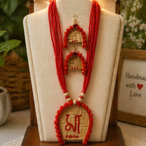 Handcrafted Bamboo Jewelry Necklace Set with Beads and Decorative Pendant image 7