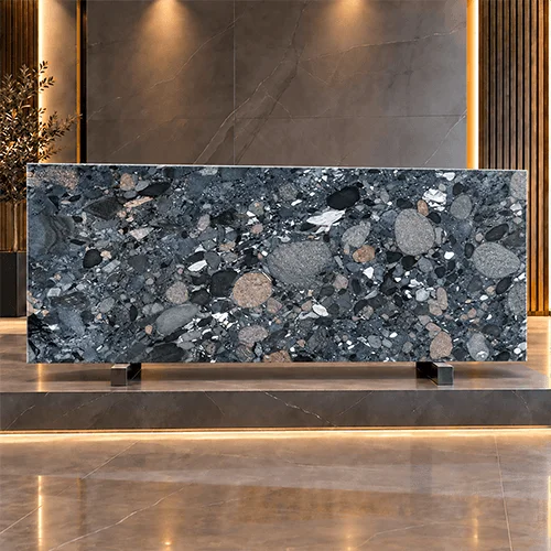 Polished Black Granite Tile with Large Pebble-Style Mineral Pattern image 3