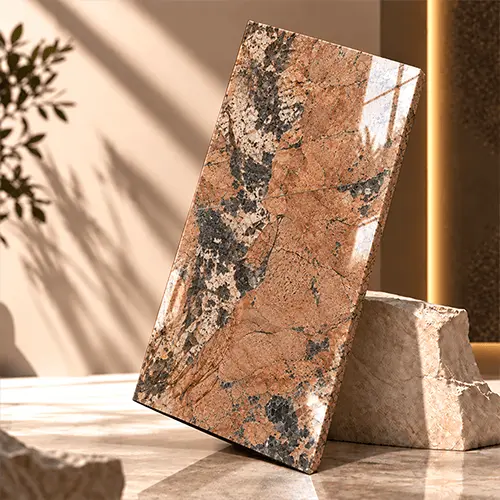 Polished Red Granite Slab with Bold Black and Cream Mineral Movement image 3
