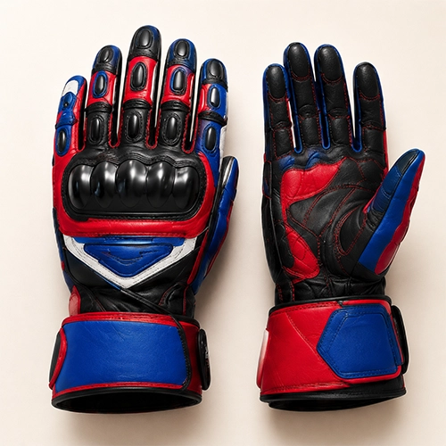 Red Blue Leather-Look Motorcycle Gloves with Knuckle Guards — Pair