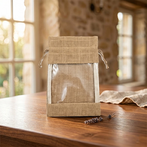 Natural Jute Drawstring Gift Pouch with Clear PVC Window image 3