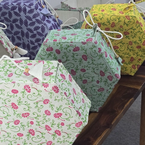 Hexagonal Fabric Storage Basket with Floral Print and Drawstring Closure image 4