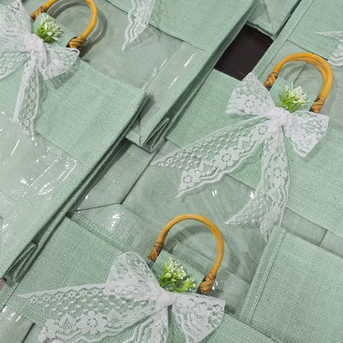 Decorative Jute Gift Bag with Clear Window, Bamboo Handle, and Lace Bow image 3