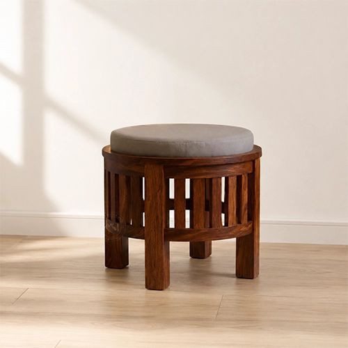 Round Upholstered Wooden Accent Stool with Slatted Base