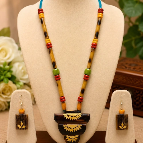 Handcrafted Bamboo Jewelry Necklace Set with Beads and Decorative Pendant image 11