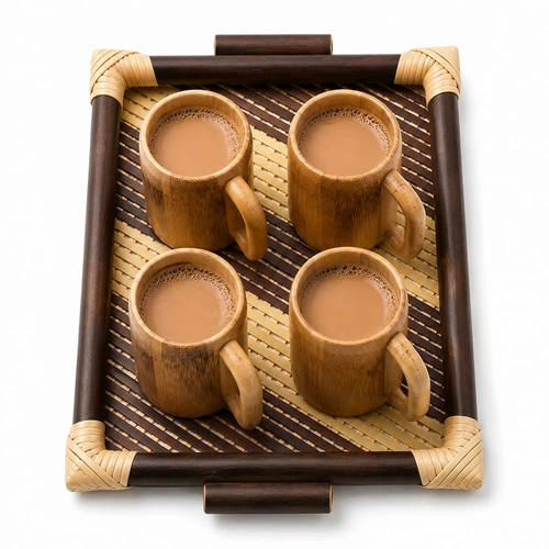 Handwoven Bamboo Serving Tray with Integrated Handles and Striped Base image 2