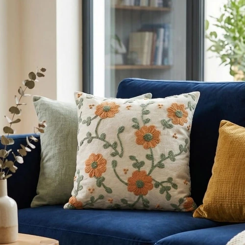 Decorative Cotton Cushion Covers with Embroidery, Tufting, and Printed Designs image 2