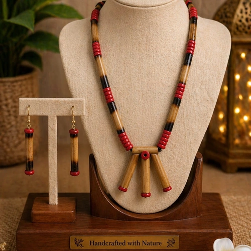 Handcrafted Bamboo Jewelry Necklace Set with Beads and Decorative Pendant image 6