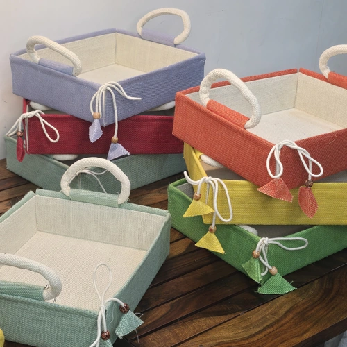 Colorful Fabric Storage Tray Basket with Rope Handles and Tie Accents image 3