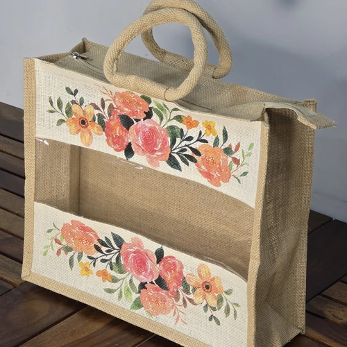 Floral Jute Carry Bag with Clear Window and Round Rope Handles image 2