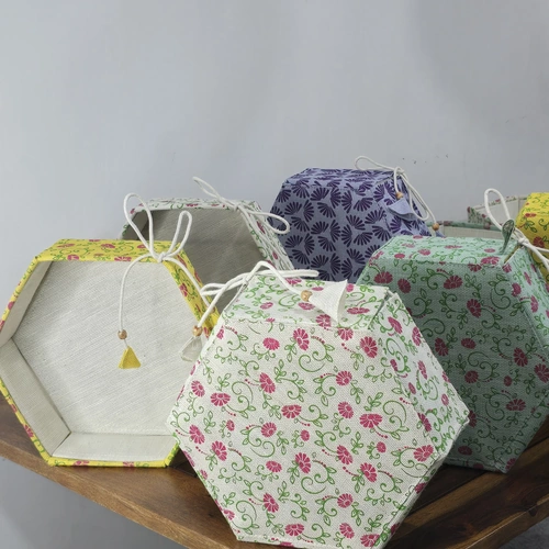 Hexagonal Fabric Storage Basket with Floral Print and Drawstring Closure image 3