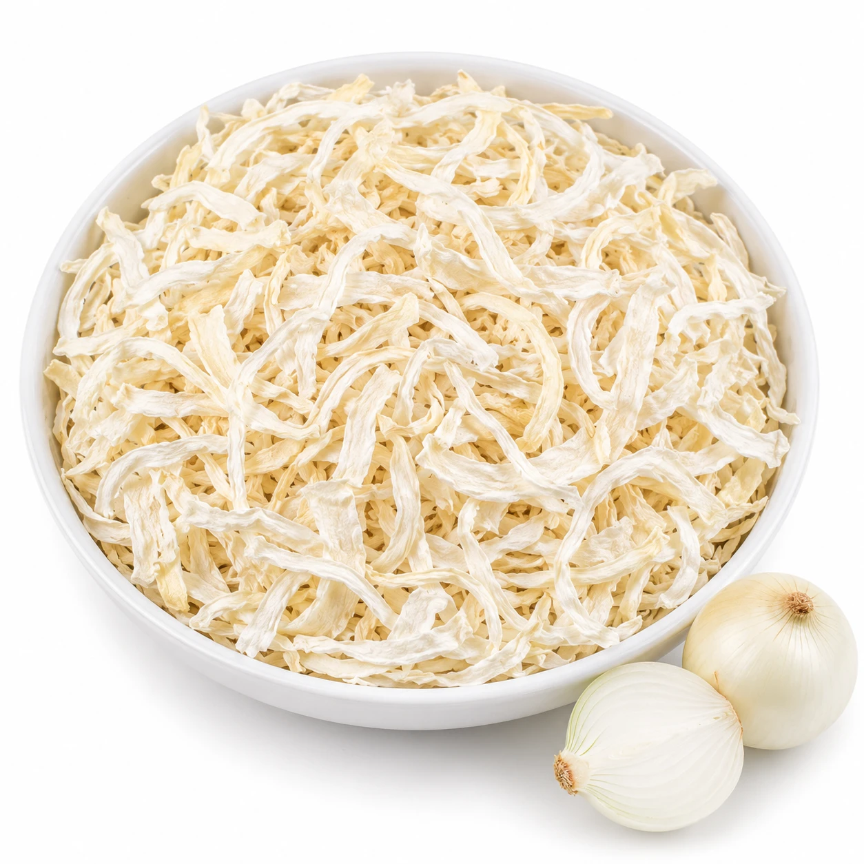 Dehydrated White Onion Slices — Natural Dried Strip-Cut, Bulk Pack