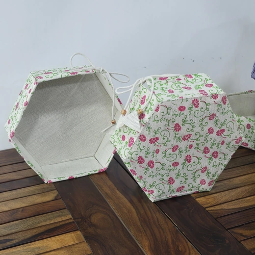 Hexagonal Fabric Storage Basket with Floral Print and Drawstring Closure image 6