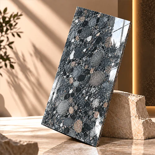 Polished Black Granite Tile with Large Pebble-Style Mineral Pattern image 4