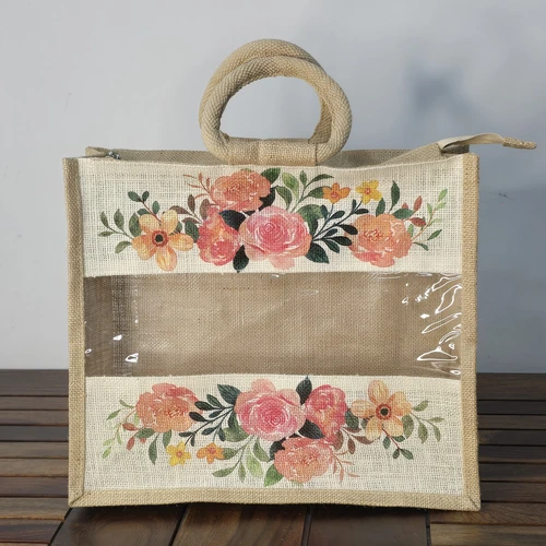 Floral Jute Carry Bag with Clear Window and Round Rope Handles image 3