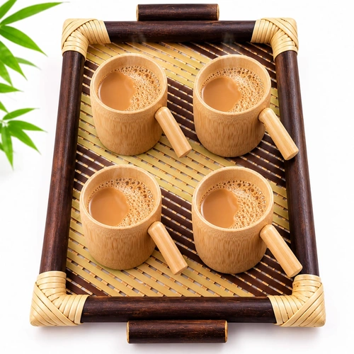 Handwoven Bamboo Serving Tray with Integrated Handles and Striped Base image 3