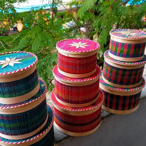 Colorful Handwoven Bamboo Storage Basket Set with Decorative Lids image 2