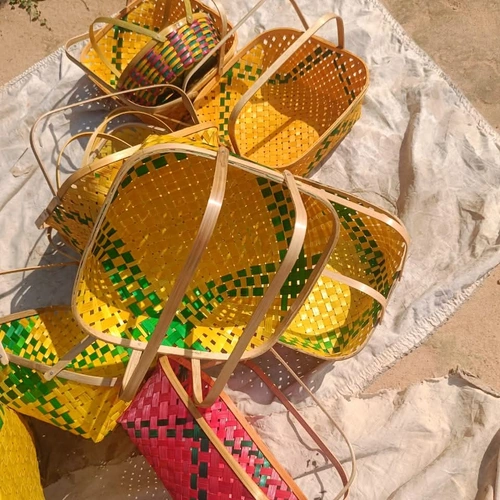 Colorful Handwoven Bamboo Gift Baskets with Integrated Carry Handles image 2