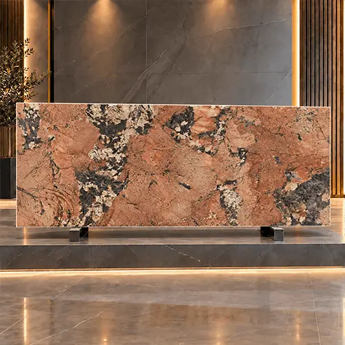 Polished Red Granite Slab with Bold Black and Cream Mineral Movement image 4