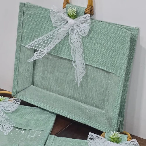 Decorative Jute Gift Bag with Clear Window, Bamboo Handle, and Lace Bow image 2