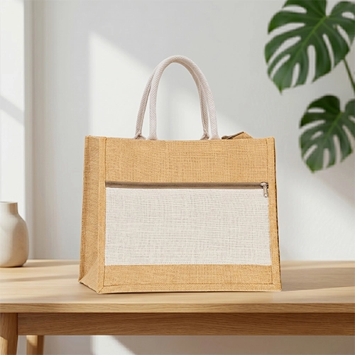 Natural Jute Tote Bag with Cotton Front Pocket & Rope Handles image 2