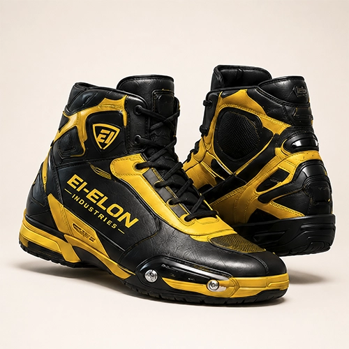 Black Yellow Motorcycle Riding Boots with Molded Guards — High-Ankle Pair