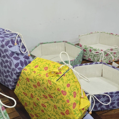 Hexagonal Fabric Storage Basket with Floral Print and Drawstring Closure image 5