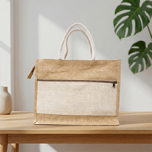 Natural Jute Tote Bag with Cotton Front Pocket & Rope Handles image 3