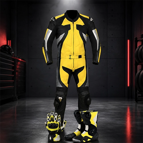 Yellow Black Leather-Look Motorcycle Racing Suit with Accessories — Full Set