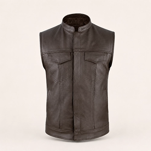 Brown Cowhide Leather Motorcycle Vest with Stand Collar — Classic Rider Fit