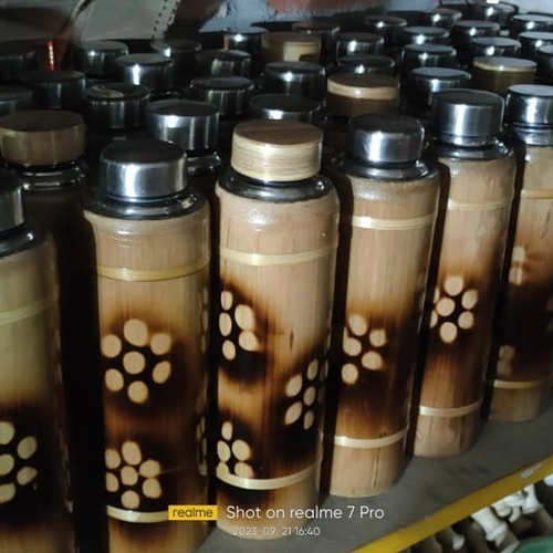 Decorative Bamboo Insulated Bottle with Stainless Steel Cap and Burned Floral Pattern image 2