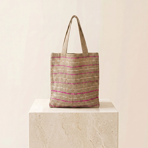 Natural Jute Tote Bag with Decorative Kantha Stitch Detailing image 2