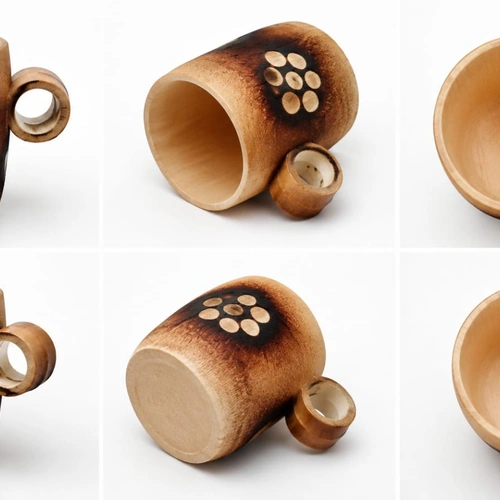 Handcrafted Bamboo Coffee Mug with Burned Floral Pattern and Side Handle image 2