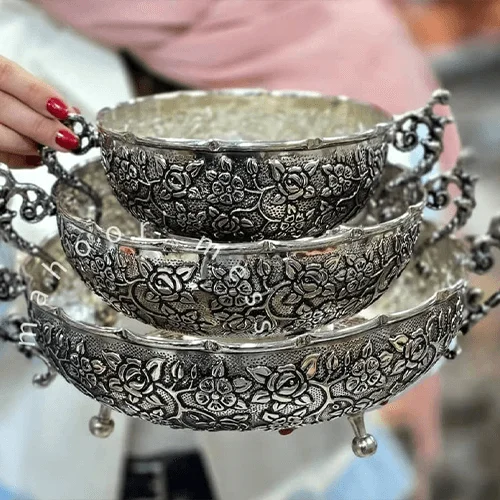 Hand-Engraved Silver-Plated Copper Bowl Set with Ornamental Handles image 3