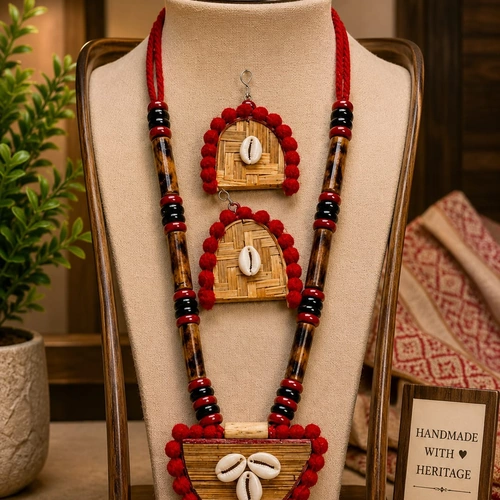 Handcrafted Bamboo Jewelry Necklace Set with Beads and Decorative Pendant image 5