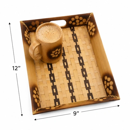 Handwoven Bamboo Serving Tray with Burned Floral Detailing and Cutout Handles image 2