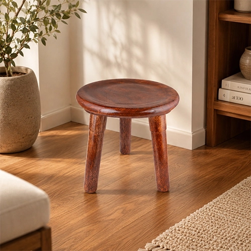 Handcrafted Solid Wood Round Accent Stool with Three Legs