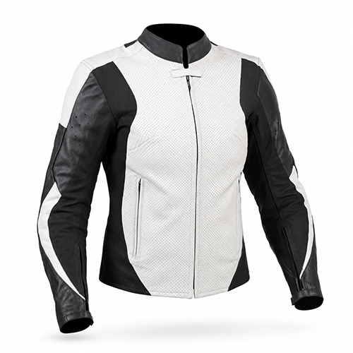 Perforated Cowhide Leather Ladies Motorcycle Jacket with Contrast Panels