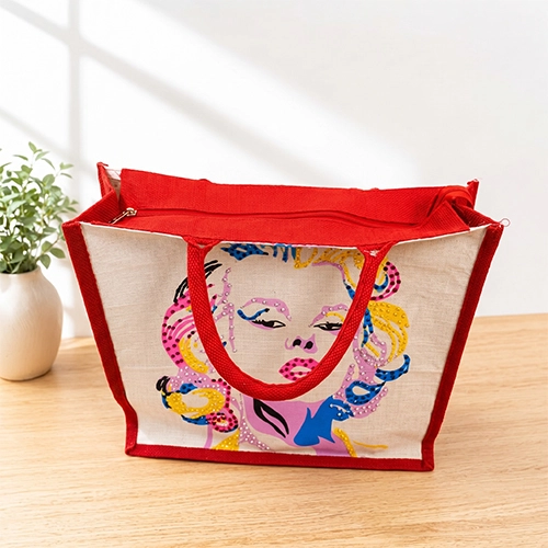 Printed Natural Jute Tote Bag with Pop-Art Portrait Design & Rope Handles image 2
