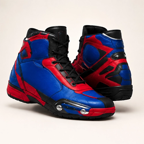 Red Blue Motorcycle Riding Boots with Molded Guards — High-Ankle Pair