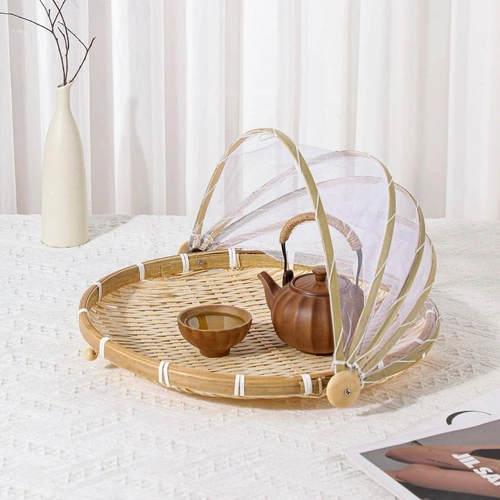 Bamboo Food Serving Tray with Foldable Mesh Cover image 2