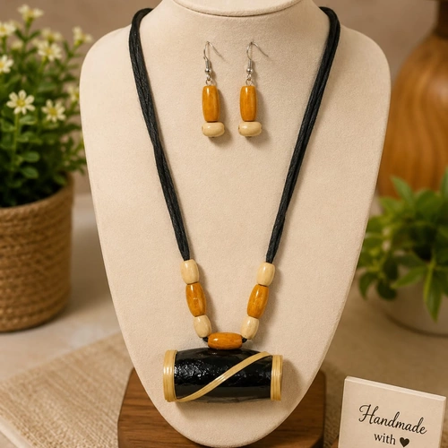 Handcrafted Bamboo Jewelry Necklace Set with Beads and Decorative Pendant image 3