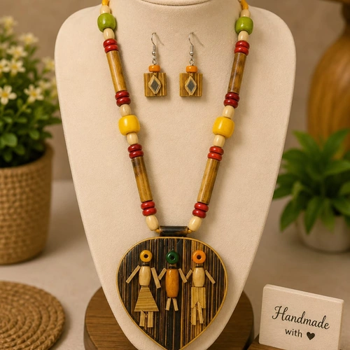 Handcrafted Bamboo Jewelry Necklace Set with Beads and Decorative Pendant image 2